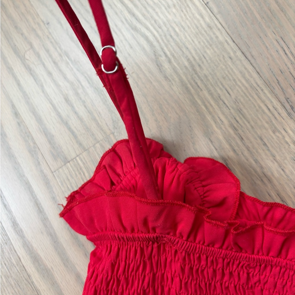 ThatsSoFetch Red Ruched Smocked Ruffle Mini Dress Size Small - Picture 5 of 8